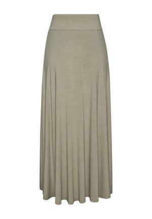 Langer Taupe-Rock mit breitem Bund und weichen Falten, der gerade bis zum Saum fällt, geeignet für Freizeit- oder formelle Anlässe.