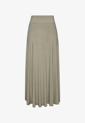 Langer Taupe-Rock mit breitem Bund und weichen Falten, der gerade bis zum Saum fällt, geeignet für Freizeit- oder formelle Anlässe.