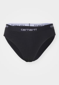 Crni pamukasti bikini veš s mekim elastičnim pojasom koji sadrži bijeli "Carhartt" logo i bešavne rubove za udobnost.