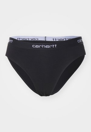 Sous-vêtements bikini en coton noir avec une taille élastique douce comportant le logo blanc "Carhartt" et des bords sans couture pour un confort optimal.
