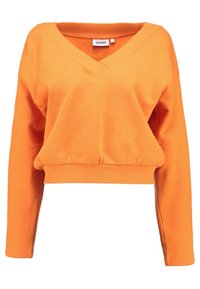 Sweatshirt orange court avec manches longues, col en V et ourlet côtelé. Fabriqué en tissu doux avec une texture lisse et un design décontracté.