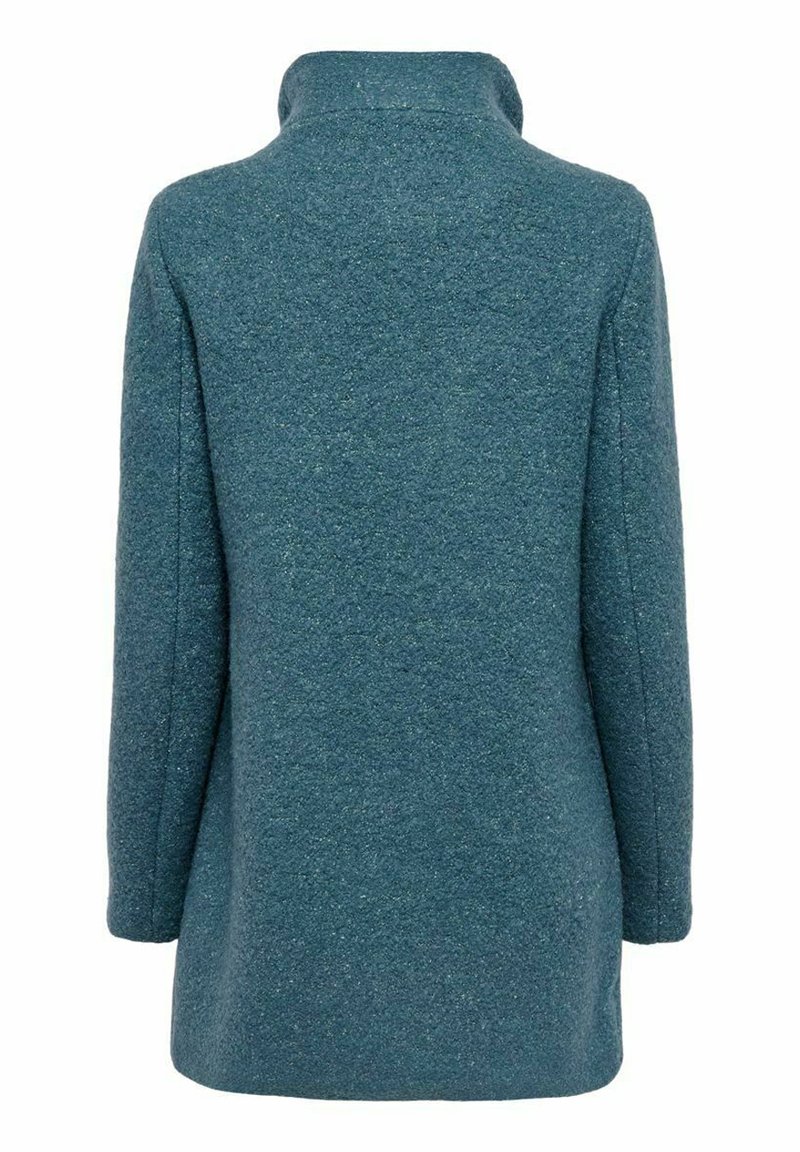 Türkiser Wollmantel mit hohem Kragen, langen Ärmeln und strukturierter Oberfläche, mit geradem Schnitt und minimalistischem Design.