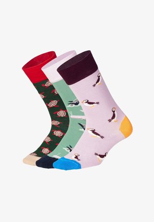 Tři páry nízkých ponožek: červené s želvami, zelené s ptáky a lila s papuchalky. Každé má kontrastní žebrovaný lem a různé barvy.