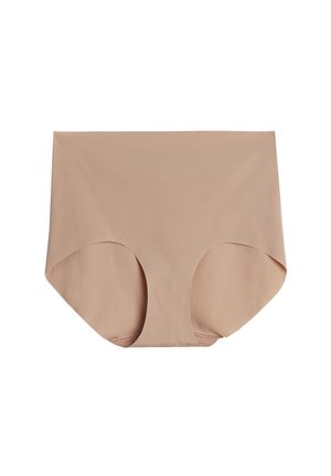 Beige högmidjade trosor i ett smidigt, stretchigt material med sömlös design och rundade benöppningar för komfort och täckning.