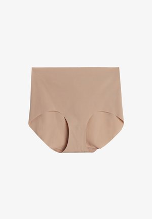 Beige vysoké kalhotky vyrobené z hladkého, pružného materiálu s bezešvým designem a zaoblenými otvory pro nohy pro pohodlí a pokrytí.