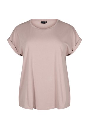 Vaaleanpunainen lyhythihainen T-paita, jossa on pyöreä pääntie, rento istuvuus ja rullatut hihansuut, valmistettu pehmeästä ja sileästä kankaasta.