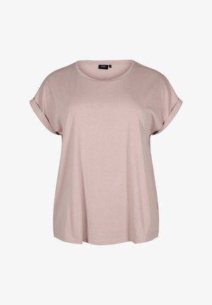 Vaaleanpunainen lyhythihainen T-paita, jossa on pyöreä pääntie, rento istuvuus ja rullatut hihansuut, valmistettu pehmeästä ja sileästä kankaasta.