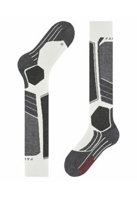 Calzini con un design geometrico, principalmente bianchi con accenti grigi. Presentano motivi esagonali e dettagli in tessuto testurizzato.