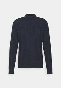 Maglione a collo alto blu navy con trama a trecce, maniche lunghe e polsini e orlo a coste. Motivo distintivo che aggiunge profondità e dettaglio.