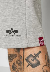 Siva pamučna majica kratkih rukava s crnim logotipom "Alpha Industries" blizu rubnog dijela i crvenom oznakom marke sa strane.