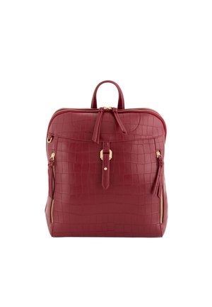 Crocodile-patterned burgundy leather backpack with gold hardware. Features double zip closure, top handle, and side pockets.