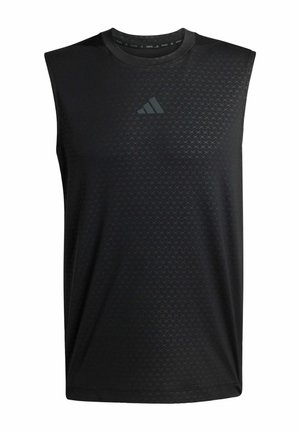 Sort ærmeløs atletisk skjorte lavet af tekstureret stof, med et diskret mønster af krydsede former og et tonalt brandlogo på brystet.