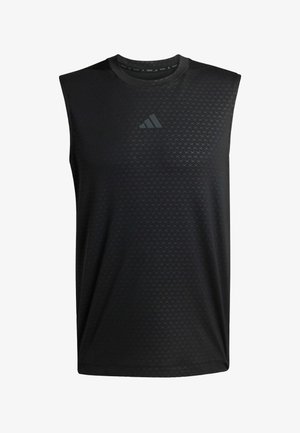 Černý sportovní bezrukávový triko vyrobené z texturované látky, s jemným vzorem křížových tvarů a tónovým logem značky na hrudi.