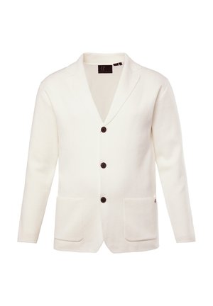 Blazer blanco confeccionado en tejido texturizado, con solapas en pico, cuatro botones marrones y dos bolsillos frontales.