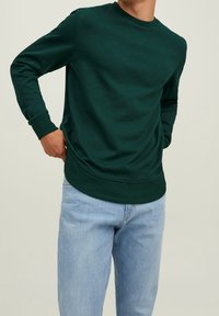 Uomo che indossa una felpa a maniche lunghe verde scuro e jeans azzurri, in piedi con le mani vicino alla vita su uno sfondo semplice.
