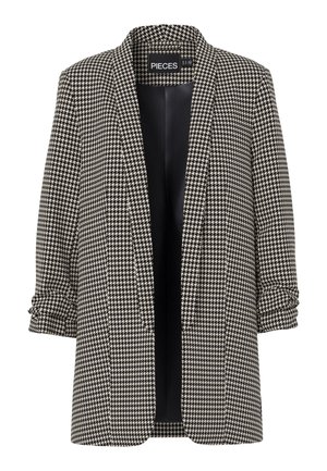 Blazer de patrón de pata de gallo en blanco y negro. Diseño ajustado con un corte relajado, frente abierto y mangas enrolladas. Forro interior suave.