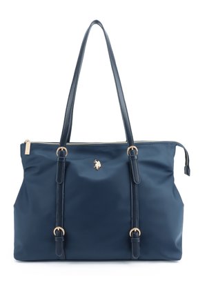 Marineblaue Tote-Tasche mit doppelten Schulterriemen, goldenen Schnallen, Reißverschluss und kleinem goldenen Emblem mittig vorne.