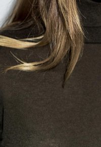 Cheveux châtain clair avec des mèches blondes, portant un pull à col roulé marron foncé.