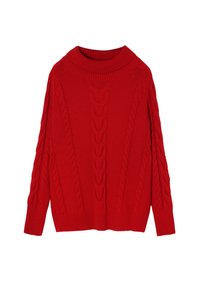 Czerwony sweter z warkoczy, z wysokim ściągaczem, ozdobiony teksturowymi wzorami i długimi rękawami, wykonany z miękkiej, grubej przędzy.