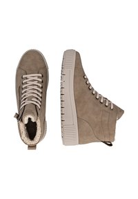 Bruine hoge sneakers met een zachte, gestructureerde oppervlakte, vetersluiting, zijrits en een pluizige voering voor extra warmte. Rubberen zool met profiel.