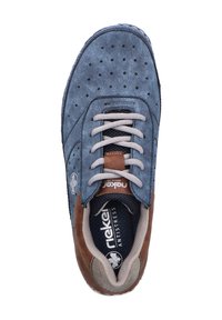 Blue suede sneaker with perforated detailing, brown accents, and gray laces; features a padded collar and cushioned insole for comfort.