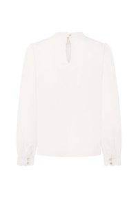 Blouse blanche à manches longues avec col montant, fermeture au dos en forme de goutte et poignets boutonnés ornés de détails en dentelle.