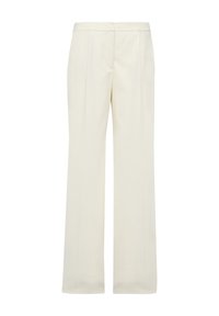 Cream-colored tailored trousers with a straight-leg design, featuring front pleats and a smooth texture. No visible hardware or accents.