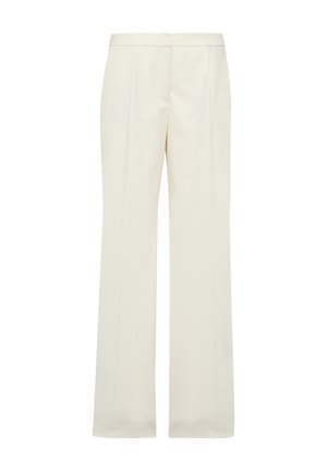 Cream-colored tailored trousers with a straight-leg design, featuring front pleats and a smooth texture. No visible hardware or accents.