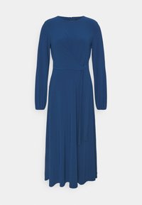 Robe portefeuille à manches longues en tissu bleu profond, avec un décolleté en V, une taille cintrée et une jupe fluide, ornée d'un nœud à la taille.