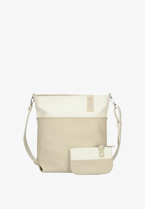 Borsa a tracolla beige e panna con tracolla regolabile, accompagnata da una piccola pochette abbinata con cerniera frontale.