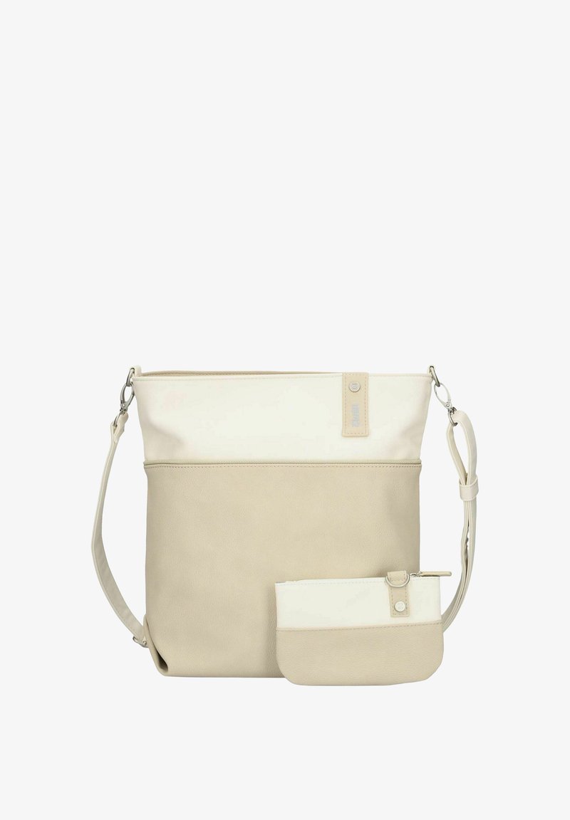 Sac bandoulière beige et blanc cassé avec une sangle réglable, accompagné d'une petite pochette zippée assortie à l'avant.