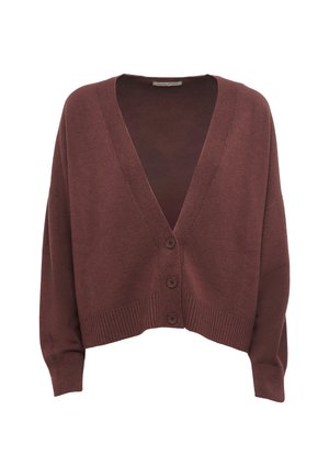 Cardigan court bordeaux avec un col en V plongeant, fermeture à boutons, poignets et ourlet côtelés, en tissu tricoté doux.