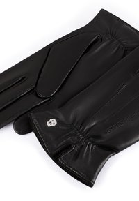 Schwarze Lederhandschuhe mit glatter Oberfläche, genähten Akzenten und gefältelten Handgelenkdetails. Dekorative silberne Hardware am Bund.
