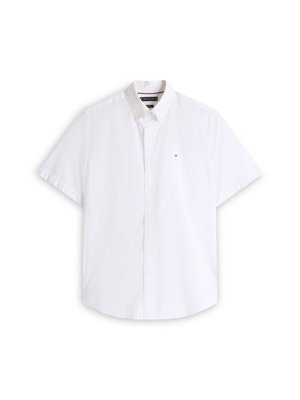 White short-sleeve button-up shirt with collar and small Tommy Hilfiger logo on the left chest.