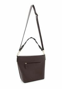 Borsa a tracolla in similpelle marrone con design affusolato, tracolla regolabile e tasca frontale con cerniera. Texture liscia con dettagli in metallo dorato.