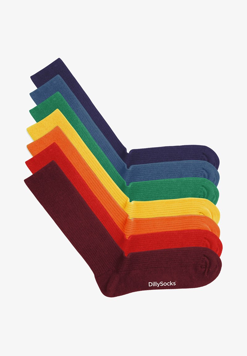 Chaussettes côtelées colorées disposées en dégradé : rouge foncé, orange, jaune, vert, bleu, marine, avec le nom de la marque "DillySocks" sur la paire bordeaux.