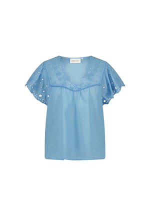 Lichtblauw katoenen blouse met geborduurde details, fladdermouwen, een V-halslijn en een relaxed fit. De achterkant is eenvoudig met een rechte zoom.