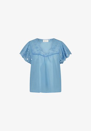 Lichtblauw katoenen blouse met geborduurde details, fladdermouwen, een V-halslijn en een relaxed fit. De achterkant is eenvoudig met een rechte zoom.