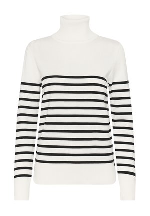 Biely rolák s čiernymi horizontálnymi pruhmi. Má dlhé rukávy a pružné manžety a spodný lem. Vyrobený z mäkkej, textúrovanej látky.