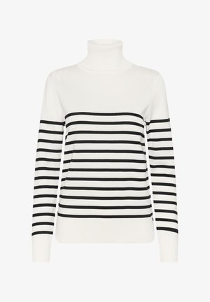 Balts turtleneck džemperis ar melnām horizontālām svītrām. Iezīmē garas piedurknes un ribotas aproces un apakšmalu. Izgatavots no mīksta, teksturēta auduma.