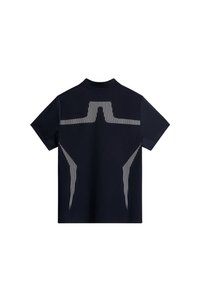 Marinblå kortärmad polotröja med ribbad textur, krage och vita linjära mönster på baksidan, vilket skapar en kontrasterande design.