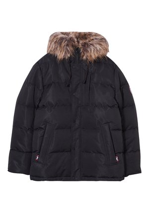 Black puffer jacket with a fur-lined hood, quilted texture, front zip and snap closure, and side pockets. Features brand logo accent.