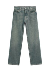 Jeans azzurri chiari a gamba larga in denim, con chiusura a bottoni e zip, cinque tasche e un lavaggio sbiadito con leggere sfumature.