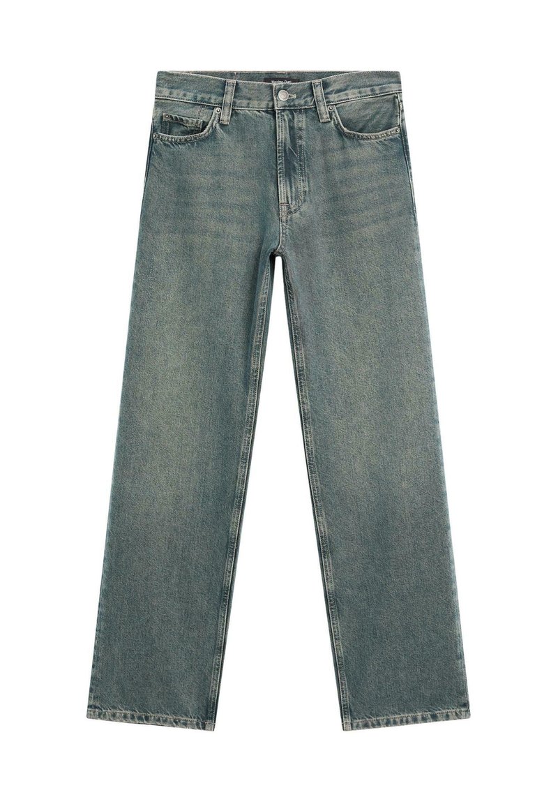 Jeans azzurri chiari a gamba larga in denim, con chiusura a bottoni e zip, cinque tasche e un lavaggio sbiadito con leggere sfumature.