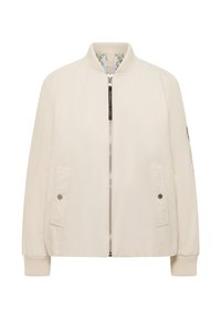 Veste bomber crème avec col et poignets côtelés, fermeture éclair avant, deux poches à boutons-pression, et poche zippée sur la manche gauche, doublure intérieure florale.
