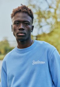 Jeune homme aux cheveux courts et bouclés portant un sweat-shirt bleu clair avec le texte « Soulscape », debout en plein air avec des arbres flous en arrière-plan.