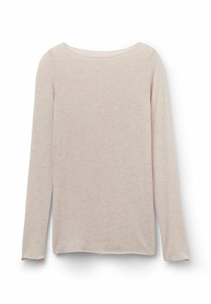 Ljust rosa långärmad t-shirt med en avslappnad rund halsringning, tillverkad av mjukt tyg med en subtil melerad textur.