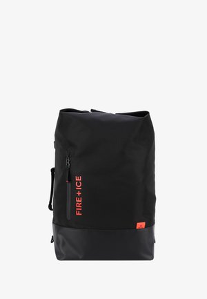 Black waterproof backpack with textured fabric, top roll closure, orange "FIRE + ICE" logo, and durable bottom panel. Features side zip pocket.
