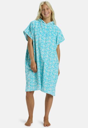 Poncho toalla turquesa con un patrón floral, mangas cortas y capucha, fabricado con un tejido suave. Adecuado para su uso en la playa o la piscina.