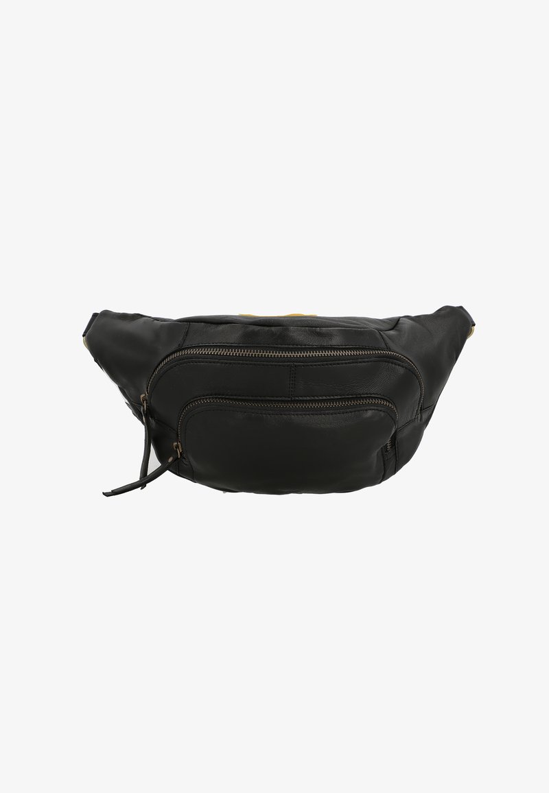 Sort læder bæltetaske med en glat overflade, lynlåslomme foran og justerbar strop, med et minimalistisk design.